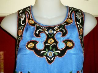Stunning Vintage Chinese Blue Silk Dress w/Embroidered Floral Roundels Sz 10 6