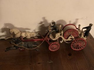 Kenton Antique Fire Hose Reel c.  1800s Horse Drawn Fire Truck Cast Iron Toy 5
