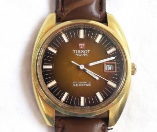 Tissot Seastar Vintage 1970 ' S Men ' s Automatic Wach - Rare Gold With Brown Face 3