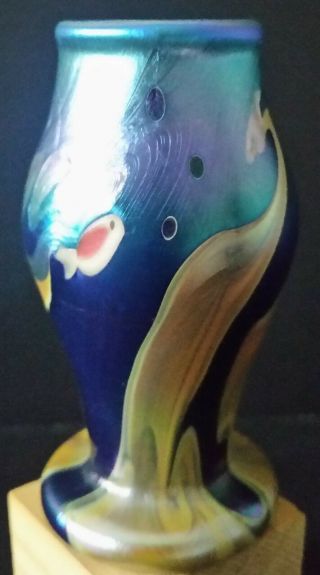 Vintage Lundberg Studios Iridescent Art Glass Mini Vase 1975 Mark Cantor 3 1/4 