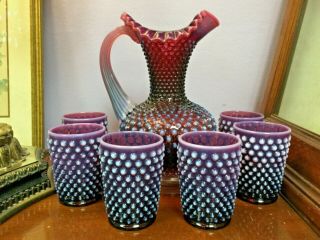 Fenton Pitcher With Matching Tumblers In Deep Plum Opalescent Hobnail Rare