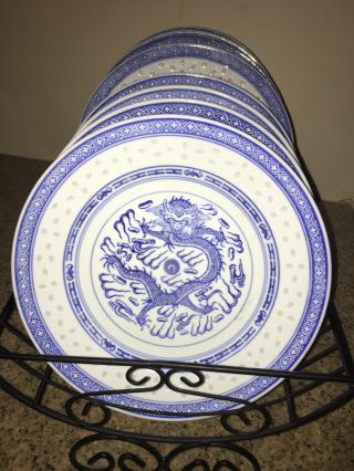 8 Vintage Chinese Porcelain Rice Eye Dragon Blue & White 10”dinner Plates.
