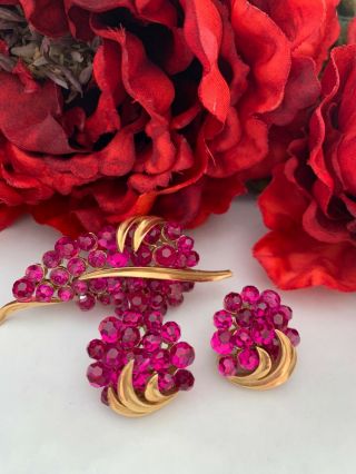Vintage Signed Crown Trifari Ruby Red Rhinestones Earrings and Pin/Brooch Set 3