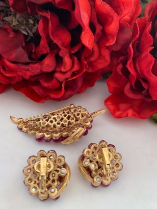Vintage Signed Crown Trifari Ruby Red Rhinestones Earrings and Pin/Brooch Set 5