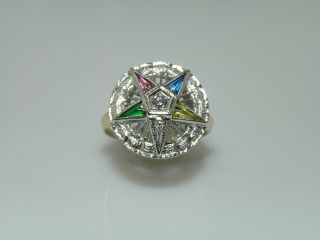 Ladies Retro Yellow Gold Eastern Star Masonic Ring With Diamond Center
