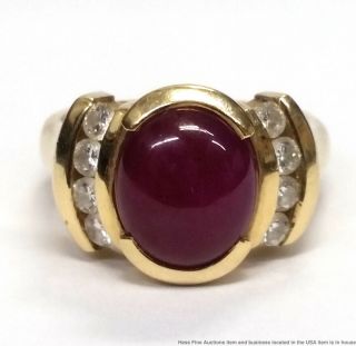 14k Yellow Gold Natural Ruby Cabochon Fine Diamond Vintage Ladies Ring Size 6.  75