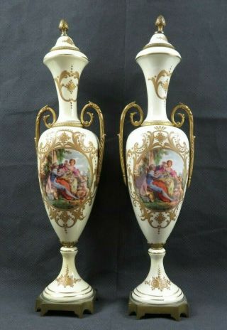 Antique Pair French Porcelain Ormolu Cassolettes Vases Figural Fragonard Décor