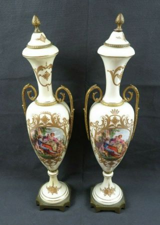 Antique pair French Porcelain Ormolu Cassolettes Vases Figural Fragonard décor 2