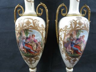 Antique pair French Porcelain Ormolu Cassolettes Vases Figural Fragonard décor 3