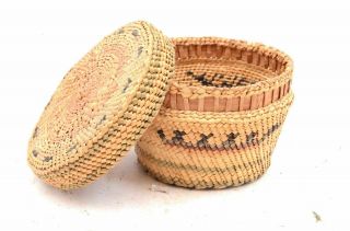 Vintage Northwest Coast Native Makah Nootka Basket Lidded Pictorial Sea Grass