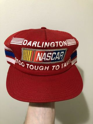 Vintage 80s Darlington Nascar Patch 3 Stripe Mesh Snapback Trucker Hat Cap Usa