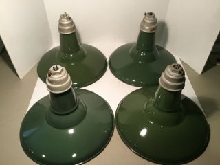 Vintage Benjamin Green Porcelain Enamel Barn Light,  14” Gas Station - Set Of 4