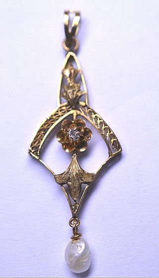 Antique Victorian 10k Yellow Gold Diamond & Baroque Pearl Lavaliere Pendant