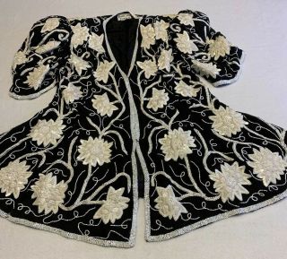 Vtg 80s Judith Ann Creations 100 Pure Silk Beaded Jacket Top Sz M Black/white
