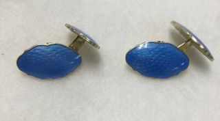 Antique Art Deco Sterling Silver And Blue Guilloche Enamel Cuff Links