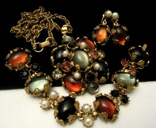 Vintage Signed Hollycraft Goldtone Jelly Glass Necklace Bracelet Earring Set A40