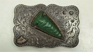 Vintage Sterling Silver Belt Buckle With Jade Arrowhead.  Diablo Manufacturing.