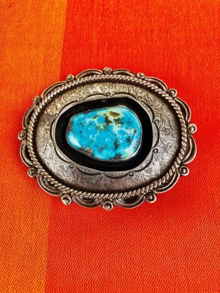 Sterling Silver Navajo Turquoise Shadow Box Belt Buckle Unsigned Vintage