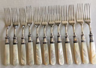 Antique Dinner Forks (12) Marked Sterling Mother Of Pearl Handles 7.  5 " Tall
