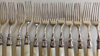 Antique Dinner Forks (12) Marked Sterling Mother of Pearl Handles 7.  5 