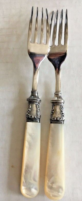 Antique Dinner Forks (12) Marked Sterling Mother of Pearl Handles 7.  5 