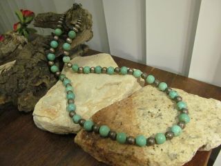 Vtg 925 Sterling Silver Round Spacer Turquoise Beads Beaded Cone End Necklace