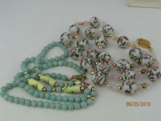 Vintage Chinese Export Hand Painted Porcelain Beads & Stones 2 Necklaces