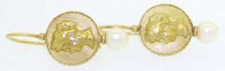 18K vintage yellow gold elegant high fashion intaglio & 5.  4mm pearl earrings 3