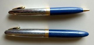 Vntg Sheaffer Tuckaway WD Dark Blue Wave Pat Vac - Fill 14K Fountain Pen & Pencil 6