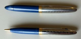 Vntg Sheaffer Tuckaway WD Dark Blue Wave Pat Vac - Fill 14K Fountain Pen & Pencil 8