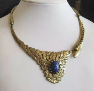 Midcentury Modern Brutalist Brass Lapis Lazuli Necklace Signed Stephen Burr