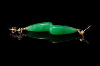 Vintage Chinese Symbol Deep Green Jade 14k Gold Drop Dangle Earrings A87879
