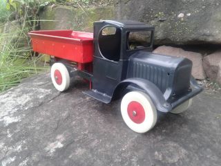 Vintage Kiddies Metal Toys Enclosed Cab Dump Truck Pressed Steel Toy