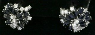 Vintage 18k White Gold 6.  50ct Vs1/f Diamond & Blue Sapphire Cluster Earrings