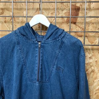 £195 Vintage 90s style STUSSY denim overhead parka / hoody jacket - M MEDIUM 2