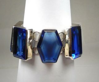 Vintage Sterling Silver/ Large Blue Faceted Gem Link Bracelet