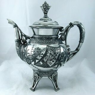 1859 Aesthetic Ornate Assyrian Revival Taunton Silver Plate Chocolate Teapot 45