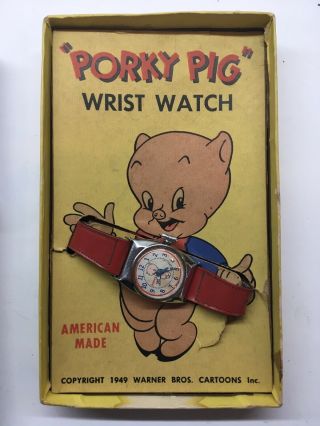 Vintage 1940s Porky Pig Wrist Watch Boxed Looney Tunes Warner Bros Ingraham Rare