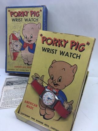 Vintage 1940s Porky Pig Wrist Watch Boxed Looney Tunes Warner Bros Ingraham Rare 2