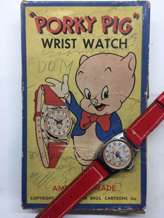 Vintage 1940s Porky Pig Wrist Watch Boxed Looney Tunes Warner Bros Ingraham Rare 3