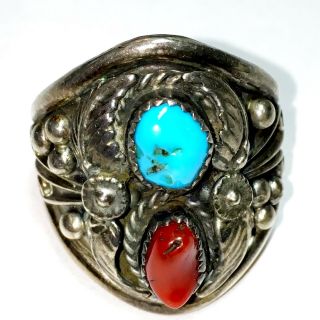 Vintage Native American Sterling Silver Turquoise & Coral Ring Sz 12