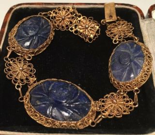 Vintage Art Deco Jewellery Gorgeous Chinese Carved Lapis Lazuli Links Bracelet