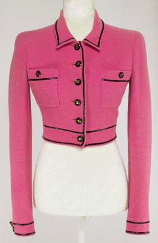 Vintage Chanel Pink With Black Trim Tweed Fitted Jacket