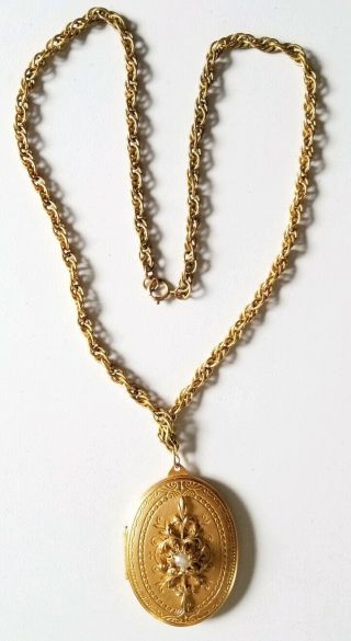 Vintage Signed Miriam Haskell Faux Pearl Gold Tone Double Locket With 25 " Chain
