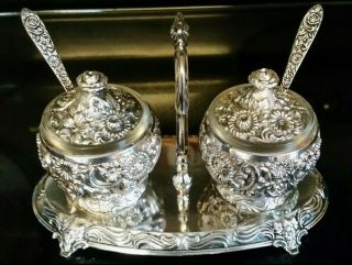 Repousse Silverplate Mustard Pot Jam Jar With Condiment Caddy