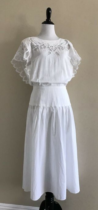 Vtg 90s Does Edwardian White Cotton Battenburg Lace Drop Waist Midi Dress Boho L