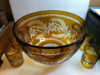 Vintage Bohemian Amber Cut To Clear 10 Quartz Punch Bowl Set