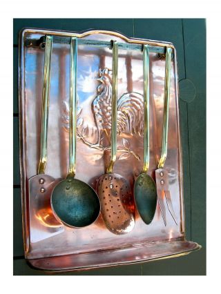 Vintage French Large Copper Utensils Set And Holder (5 Utensils 2 Are Tinned)