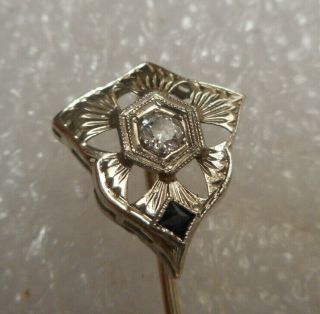 Vintage 14k White Gold Stick Pin With Diamond & Blue Sapphire Stones