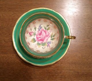 Aynsley Vintage Green Gold Trim Pink Cabbage Rose Tea Cup And Saucer